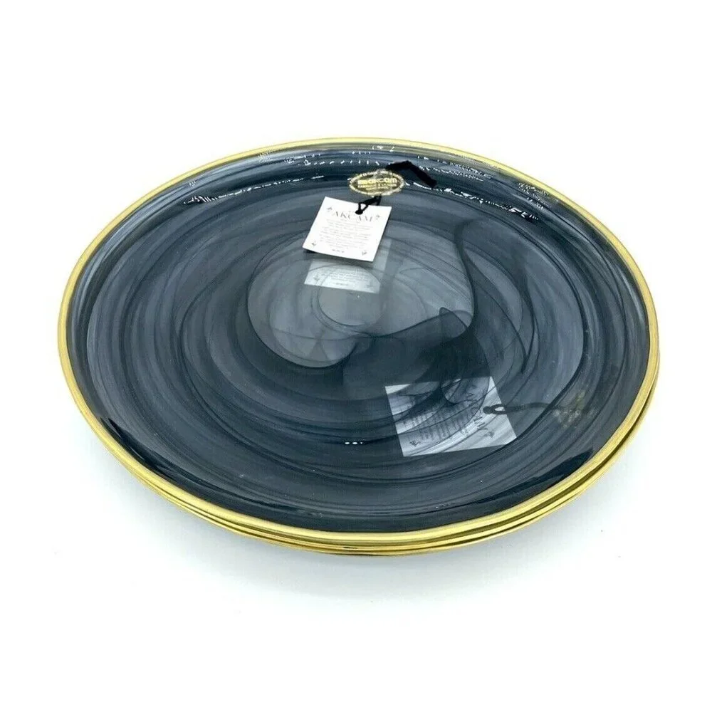 Akcam Turkish Glass 4 Plates Set Entrée Dinner Black Swirl Gold Rim 11
